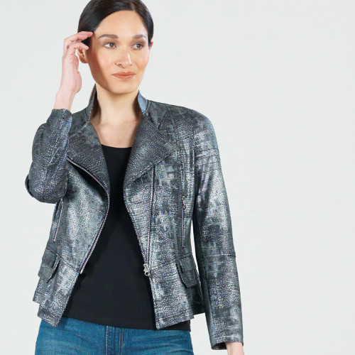 Metallic Liquid Leather™ Textured Biker Jacket - Gunmetal Silver- By Clara Sunwoo | Adare's Boutique