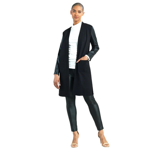 Ponte Knit and Liquid Leather™ Sleeve Pocket Cardigan-Black- By Clara Sunwoo (CA55RL) | Adare's Boutique