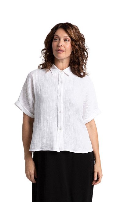  Cotton Gauze Half Sleeve Bolero Shirt by Sympli-C8400-White-Front View|Adare's Boutique