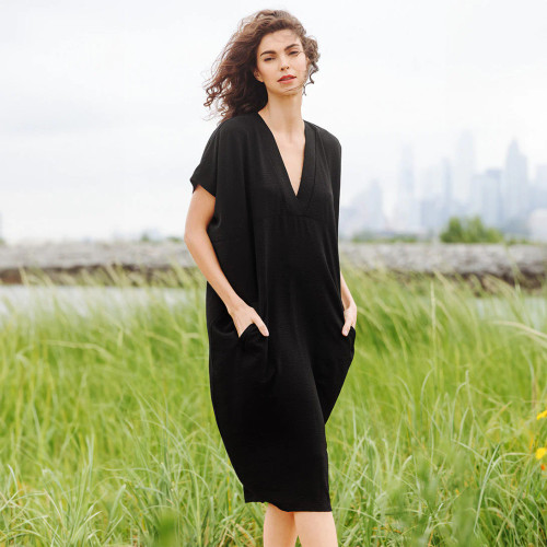 Ultra Chic V-Neck Loose Cut Dress with Pockets- Black-By Clara Sunwoo- DR45R-BLK | Adare's Boutique