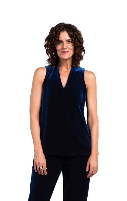 Velvet Deep V Trapeze Tank by Sympli~ V3138-Midnight  Blue-Front View|Adare's Boutique