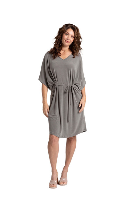 Slouchy V Neck Dress With Tie by Sympli-28169-Melange Sand-Front View|Adare's Boutique