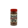 A clear view of a spice rub jar labeled “Finley’s Horseshoe BBQ Sauce Rub” with a red lid. The label features a horseshoe graphic and text in black and red, indicating it is an original recipe. The jar contains a coarse, reddish-brown spice mix. The weight is displayed as 8 oz.