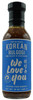A 15 oz bottle of We Love You Original Korean Bulgogi BBQ Sauce & Marinade with a blue label, highlighting gluten-free, kosher, and non-GMO product details.