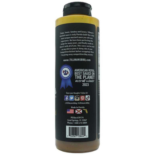 Side view of Tillman's Barbecue Florida Gold 20oz mustard-based BBQ sauce bottle, American Royal 1st Place winner
