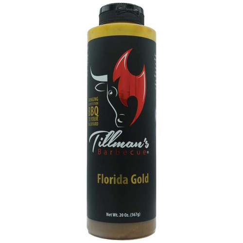 Tillman's Barbecue Florida Gold mustard BBQ sauce 20oz bottle front label, award-winning tangy sweet barbecue sauce