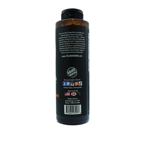 Side view of Tillman's Barbecue Competition Brew 21oz bottle showing thick BBQ sauce consistency and ingredient label