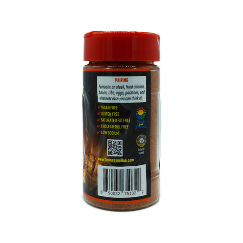 Side label of Tennessee Bob’s Hillbilly Spice of Life seasoning jar detailing usage pairings for steak, chicken, ribs, and more. Features vegan, gluten-free, cholesterol-free, and low-sodium certifications along with a QR code for further product information.