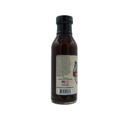 Back view of Finley’s Horseshoe BBQ Sauce bottle showing the ingredient list, product details, and a Made in the USA label. A high-quality sweet barbecue sauce perfect for grilling, marinades, and dipping. Back view of Finley’s Horseshoe BBQ Sauce bottle showing the ingredient list, product details, and a Made in the USA label. A high-quality sweet barbecue sauce perfect for grilling, marinades, and dipping.