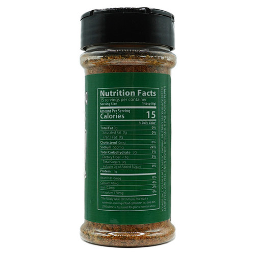 Nutrition facts for Pitbull BBQ Sugar-Free Citrus Rub, highlighting 15 calories per serving, zero fat, zero sugar, and 550mg of sodium per tablespoon, ideal for health-conscious grilling enthusiasts.
