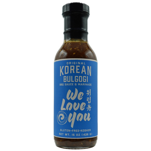 A 15 oz bottle of We Love You Original Korean Bulgogi BBQ Sauce & Marinade with a blue label, highlighting gluten-free, kosher, and non-GMO product details.
