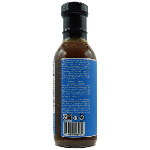 Back label of the We Love You Original Korean Bulgogi BBQ Sauce & Marinade displaying the brand story, simple recipe suggestion, product certifications, and barcode.
