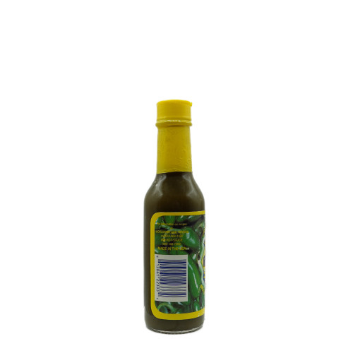 Rickey’s Jalapeño Sauce glass bottle side view showing product barcode and label with jalapeño pepper background