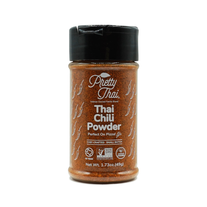 Pretty Thai Thai Chili Powder seasoning bottle showing front label, chef-crafted small batch Thai chili spice, non-GMO.