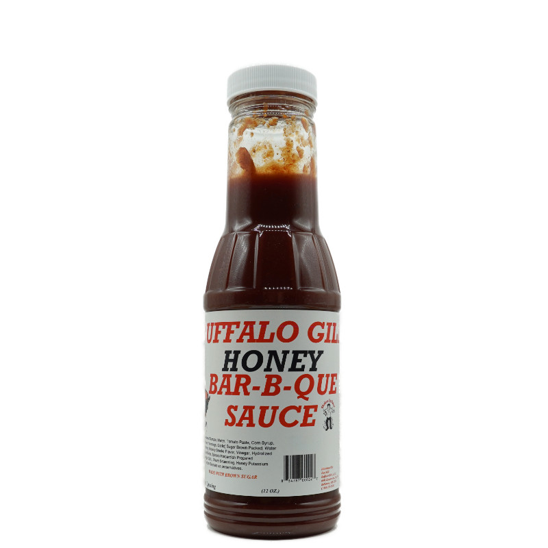 Buffalo Gill’s Honey Bar-B-Que Sauce 12 oz bottle featuring sweet smoky BBQ sauce made with brown sugar for ribs, chicken, burgers, and grilled meats