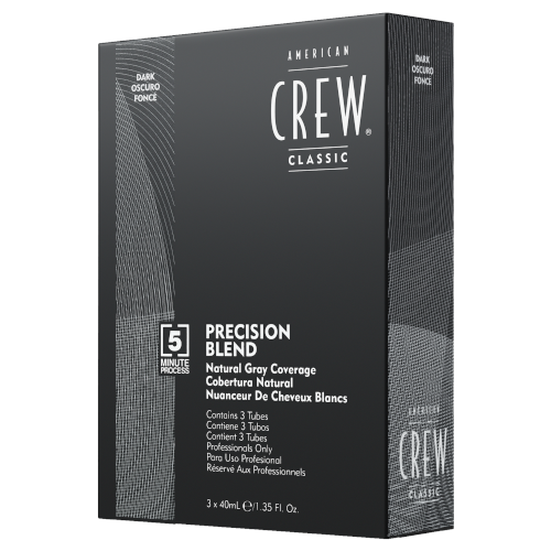 Semi-permanent hair colour to blend your greys. Suitable for dark hair. 
If you’ve got a few more grey hairs than you’re happy with, you might like to consider American Crew Precision Blend Dark (2-3). This semi-permanent dye is especially suited for shorter hair, and takes under 10 minutes to apply and develop. For those who seek a straightforward, at-home solution to salt and pepper hair that’s a little heavier on the salt, this is it.

Please note you will also need to purchase the American Crew Precision Blend Peroxide 15Vol. This shade is best suited for dark brown and black hair.