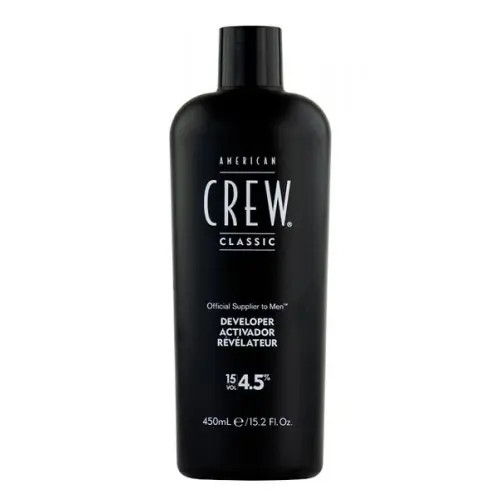 American Crew Precision 15vol Peroxide Blend is the activator for use with American Crew Precision Blend. This developer activator works with the precision blends, without the use of oils or a long wait. Restores hair to its natural hue. It helps to covered gray spots.

FEATURES:
In a coloring bowl, mix the American Crew Precision Blend color with the 4.5% developer at a ratio of 1 + 1. About 20 ml are needed for hair 2.5 cm long.
tube = 40 ml = 2 applications on short hair or 1 application on long hair.
Developer at 4.5% - 15 vol. - 450 ml (11 to 22 colors).
Mix 1 + 1.
Break time: 5 minutes.