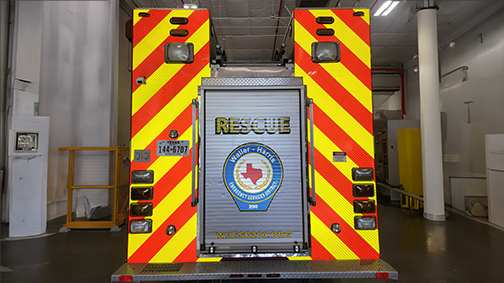 Reflective rear chevrons on a fire truck