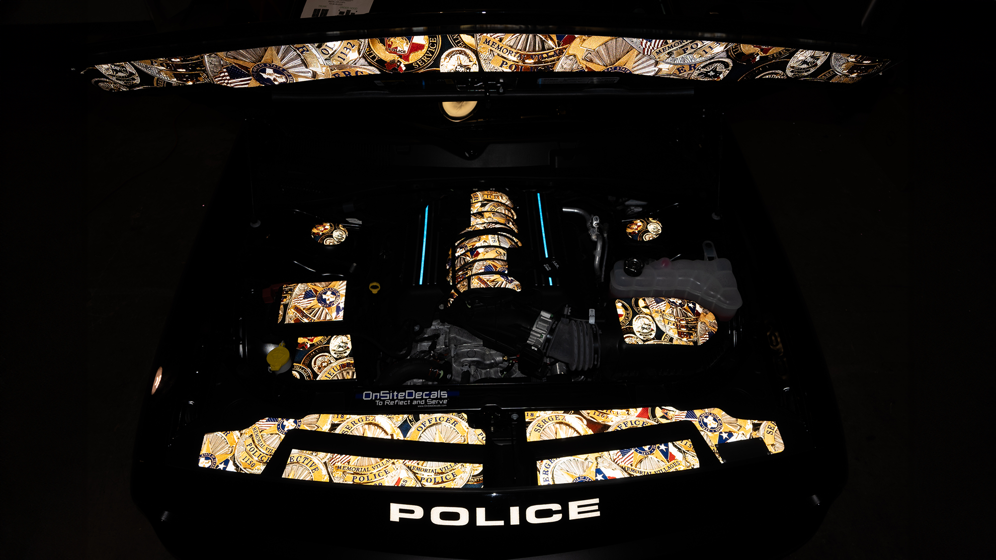 Engine Bay Wrap, Custom Engine Bay, Engine Bay Graphics, Vehicle Wraps, Fleet Graphics, Dodge Challenger Wrap, Vehicle Wraps, Custom Police Car