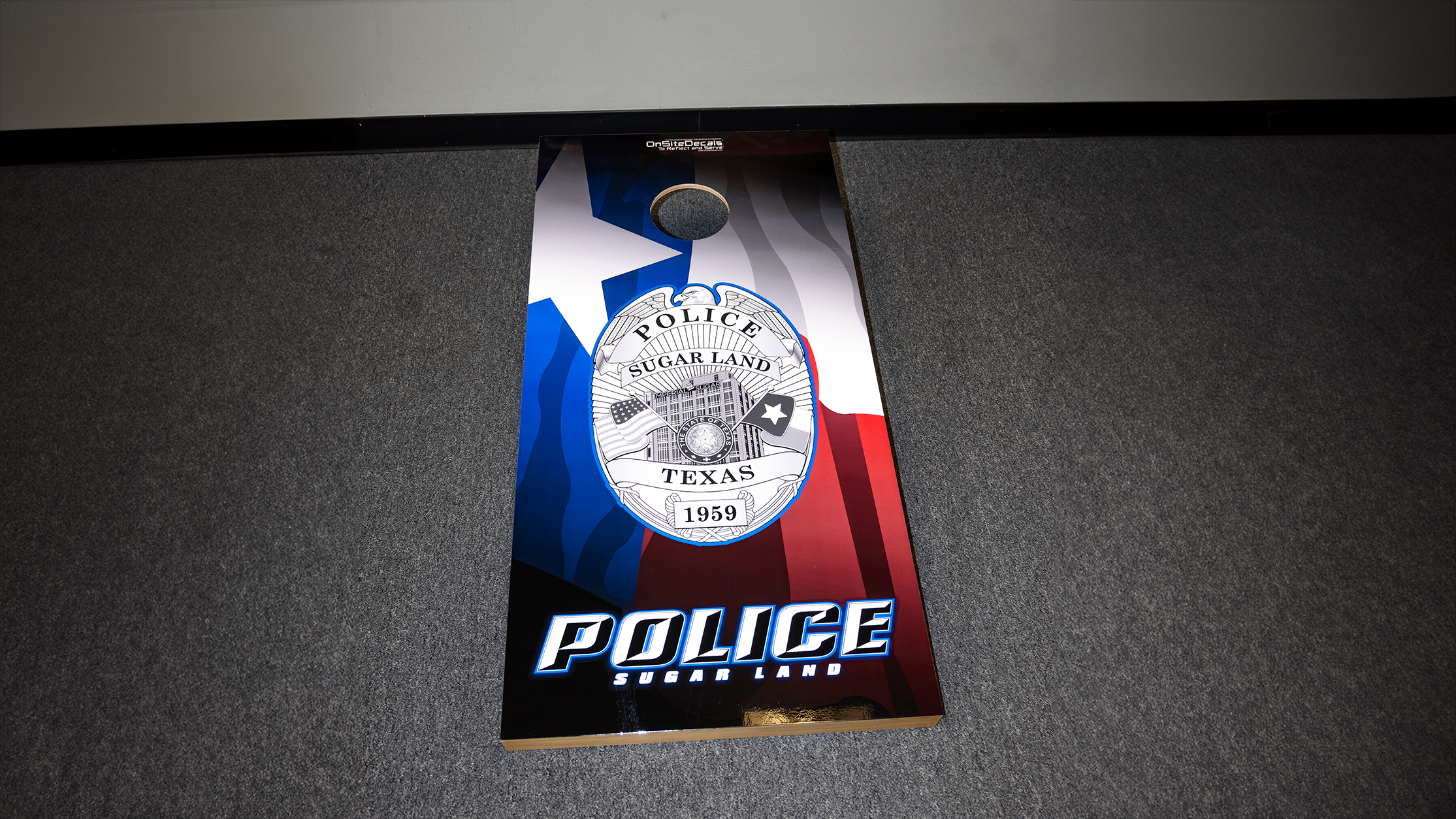 Custom Cornhole Boards, Police Department Cornhole Boards, Cusotm Police Cornhole Boards, Corn hole board wraps, Police Corn hole board wraps, Sugar Land Police Department COrnhole Boards, Custom Cornhole Boards for Tailgating