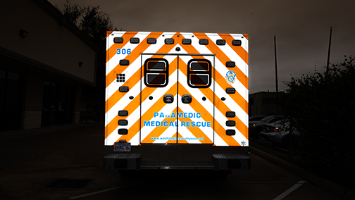 High-visibility EMS reflective chevrons enhancing safety and visibility for emergency medical services vehicles. Custom Ambulance Chevrons, Reflective Chevrons for Emergency Vehicles
