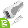 High Powered 12 Watt (2.4 Amp) Micro-USB Car Charger with Extra USB Port - White