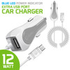 High Powered 12 Watt (2.4 Amp) Micro-USB Car Charger with Extra USB Port - White