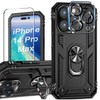 Military Grade Finger Loop Case with 360° Rotating Ring Grip Kickstand + Tempered Glass Screen and Camera Lens Protector for iPhone 14 Pro Max - Black