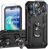 Military Grade Finger Loop Case with 360° Rotating Ring Grip Kickstand + Tempered Glass Screen and Camera Lens Protector for iPhone 14 Pro - Black