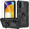 3-IN-1 Bundle Military Grade Hybrid Case with Ring Grip + Tempered Glass Screen and Camera Lens Protector for Samsung Galaxy A14 5G - Black