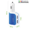 High Power 15 Watt 3.1 Amp Dual USB Car Charger with Cigarette Lighter Port - Blue