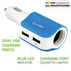 High Power 15 Watt 3.1 Amp Dual USB Car Charger with Cigarette Lighter Port - Blue