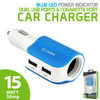 High Power 15 Watt 3.1 Amp Dual USB Car Charger with Cigarette Lighter Port - Blue
