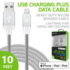 10 ft. Nylon Braided MFi Certified Lightning Connector to USB-A Charge and Sync Cable - Silver