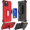 Ultra Rugged Hybrid Kickstand Case with Card Slot and Belt Clip Holster for iPhone 15 Pro Max - Red