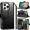 Leather Wallet Case with Zipper Pocket for iPhone 16 Pro Max - Black