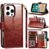 Leather Wallet Case with Zipper Pocket for iPhone 16 Pro Max - Brown