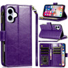 Leather Wallet Case with Zipper Pocket for iPhone 16 - Purple