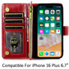 Leather Wallet Case with Zipper Pocket for iPhone 16 Plus - Red