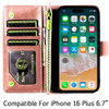 Leather Wallet Case with Zipper Pocket for iPhone 16 Plus - Rose Gold