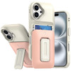 Military Grade All-In-One Hybrid Case with Card Pocket, Kickstand and Hand Strap for iPhone 16 - Beige Pink