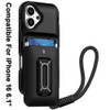 Military Grade All-In-One Hybrid Case with Card Pocket, Kickstand and Hand Strap for iPhone 16 - Black
