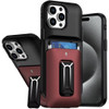 Military Grade All-In-One Hybrid Case with Card Pocket, Kickstand and Hand Strap for iPhone 15 Pro Max - Black Red
