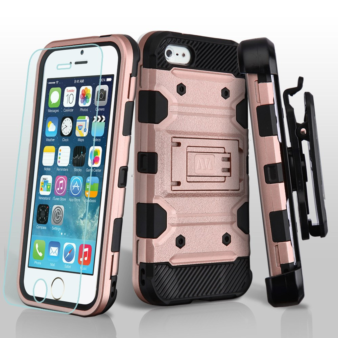 Military Grade Certified Storm Tank Case + Holster + Tempered Glass for iPhone  SE (1st gen) / 5S / 5 - Rose Gold - HD Accessory