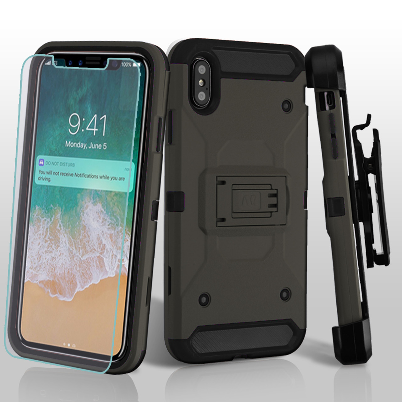 3-IN-1 Kinetic Hybrid Armor Case with Holster and Tempered Glass Screen  Protector for iPhone XS Max - Grey