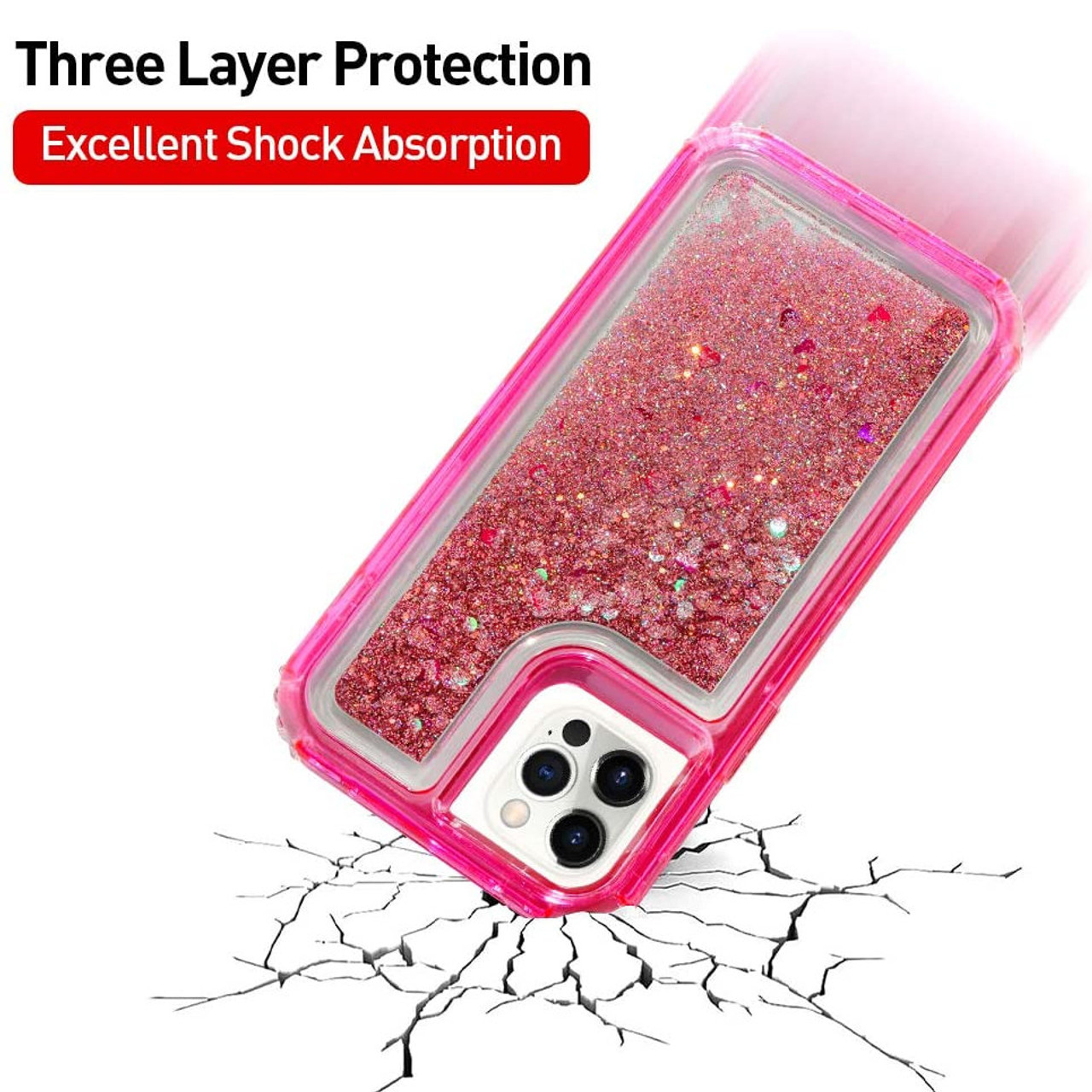 iPhone 12 iPhone 12 Pro 6.1 Pink Glitter Waterfall Liquid Floating Hearts  Case