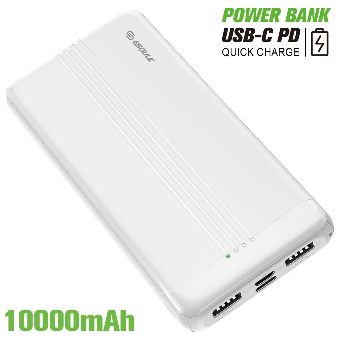 10000mAh 22.5W PD Power Delivery + Quick Charge 3.0 Fast Charging  High-Capacity Power Bank Battery - White - HD Accessory