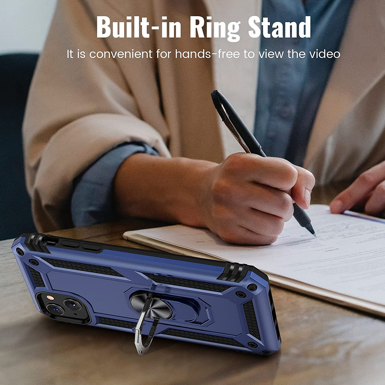 Military Grade Finger Loop Case with 360 Rotating Ring Holder Kickstand for iPhone 13 - Navy Blue - HD Accessory Military Grade Finger Loop Case with 360 Rotating Ring Holder Kickstand for iPhone 13 - Navy Blue - HD Accessory