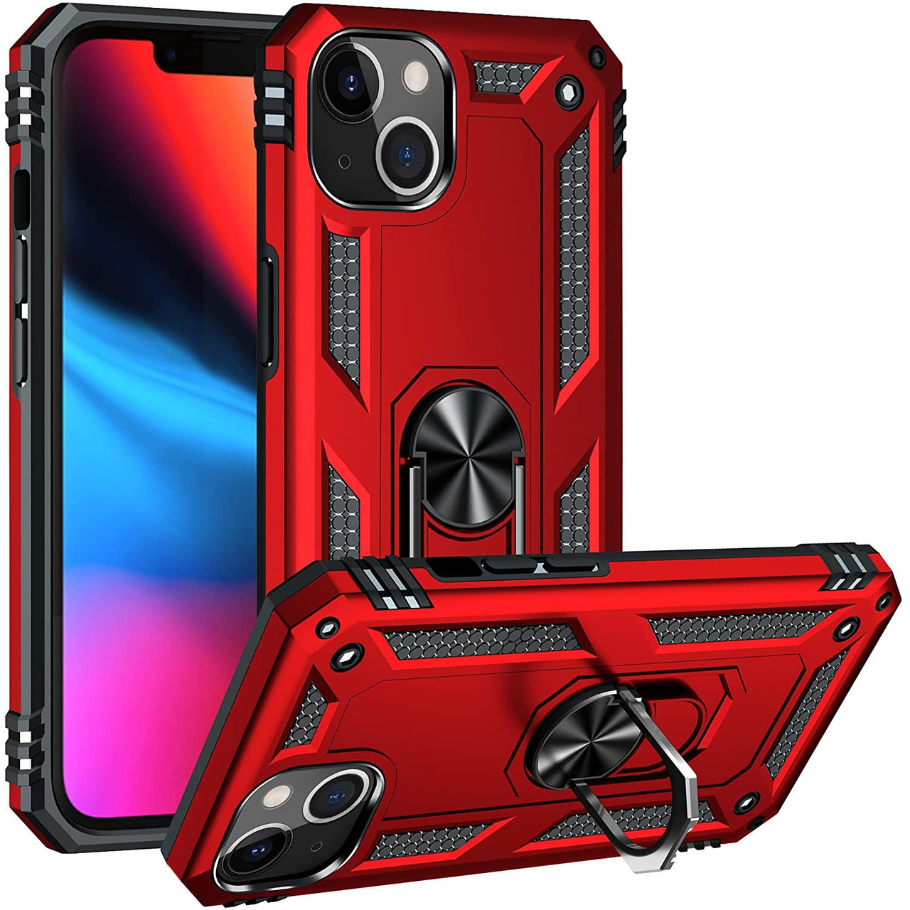 Military Grade Finger Loop Case with 360 Rotating Ring Holder Kickstand for iPhone 13 - Red Military Grade Finger Loop Case with 360 Rotating Ring Holder Kickstand for iPhone 13 - Red
