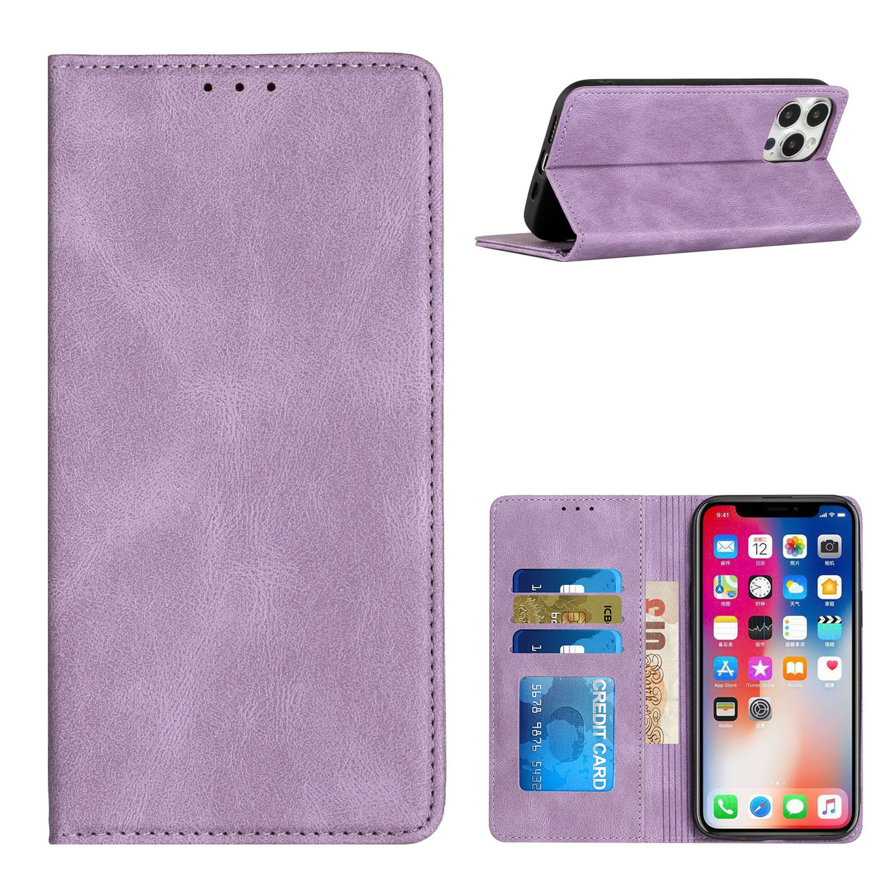 Leather Folio Wallet Case for iPhone 14 - Lavender - HD Accessory